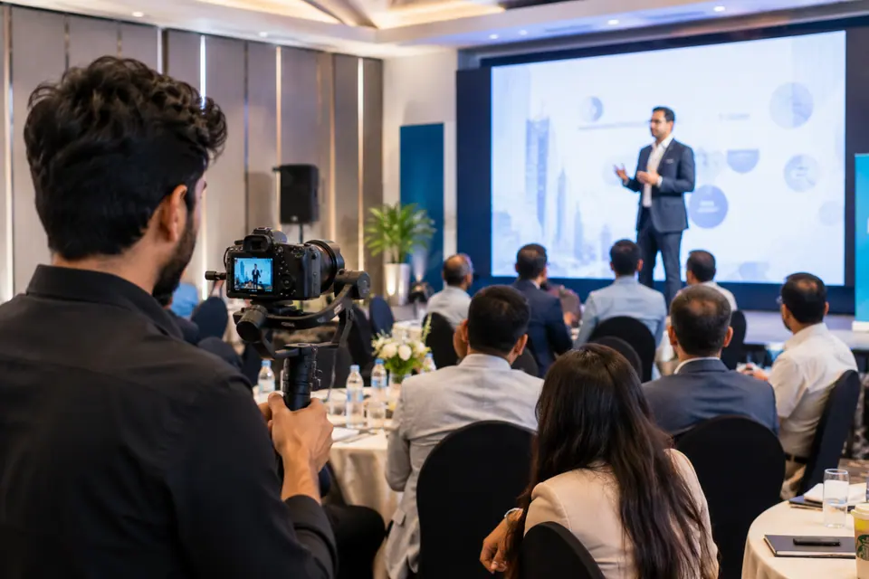 Production crew filming a business event