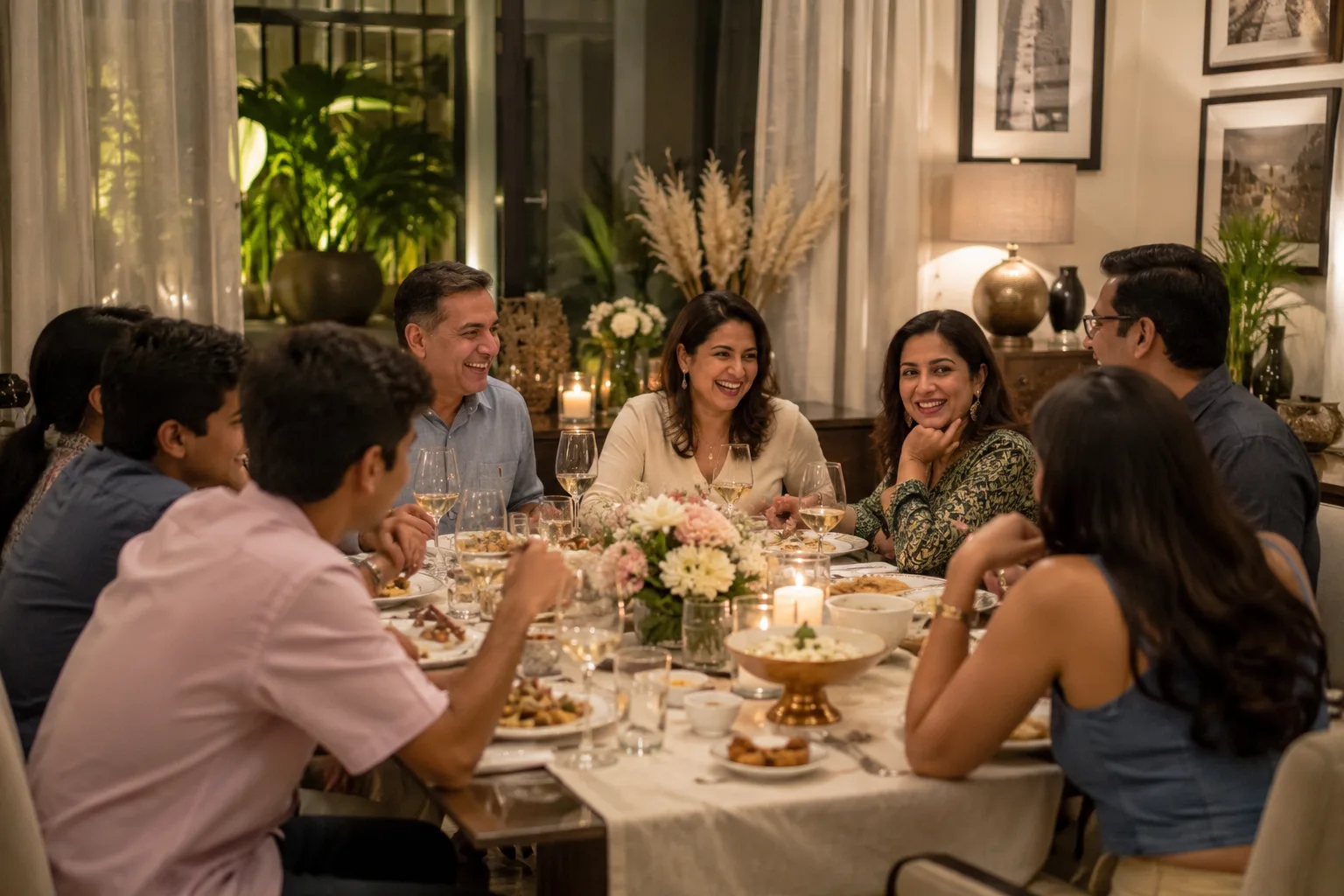 Dinner gathering with guests around a table