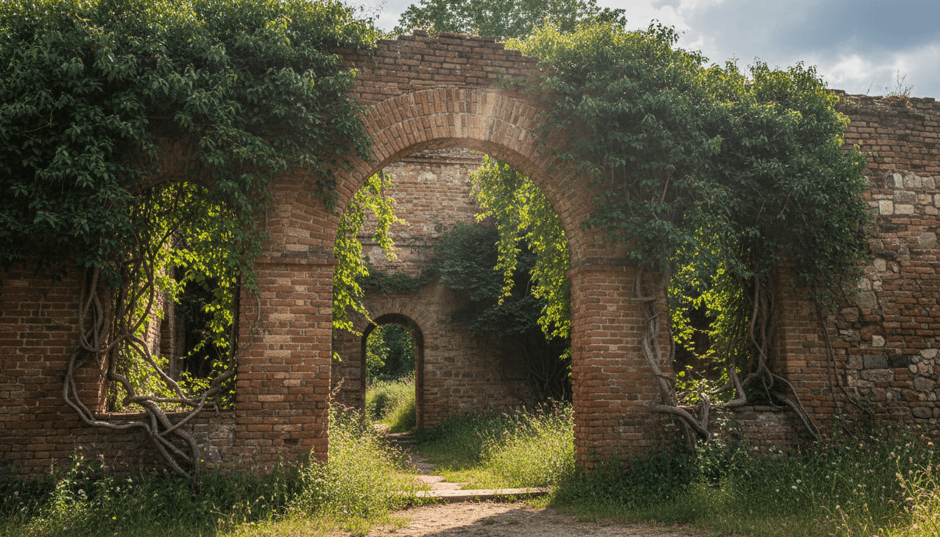 A heritage courtyard surrounded by greenery