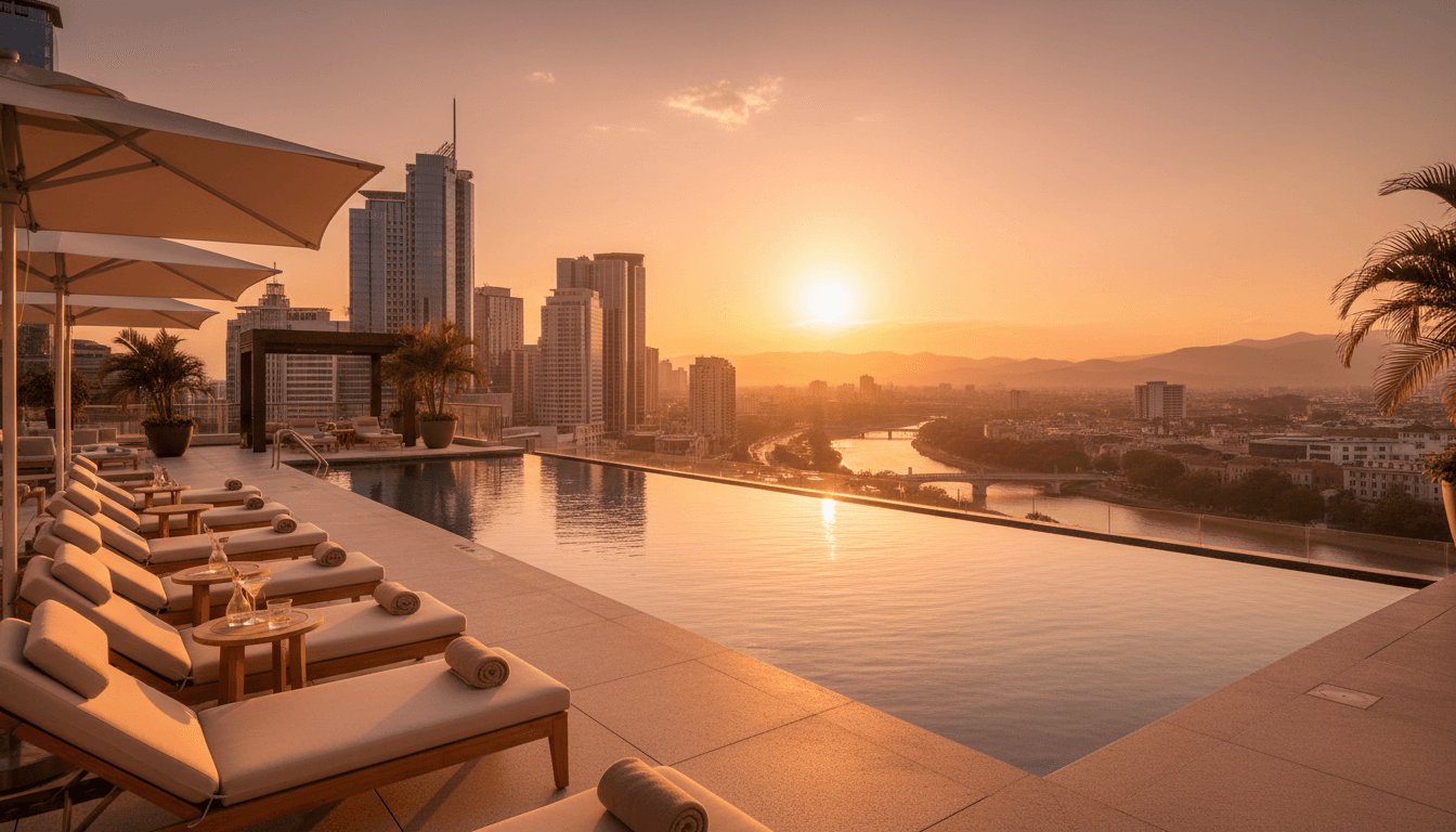 A rooftop venue with a sunset view