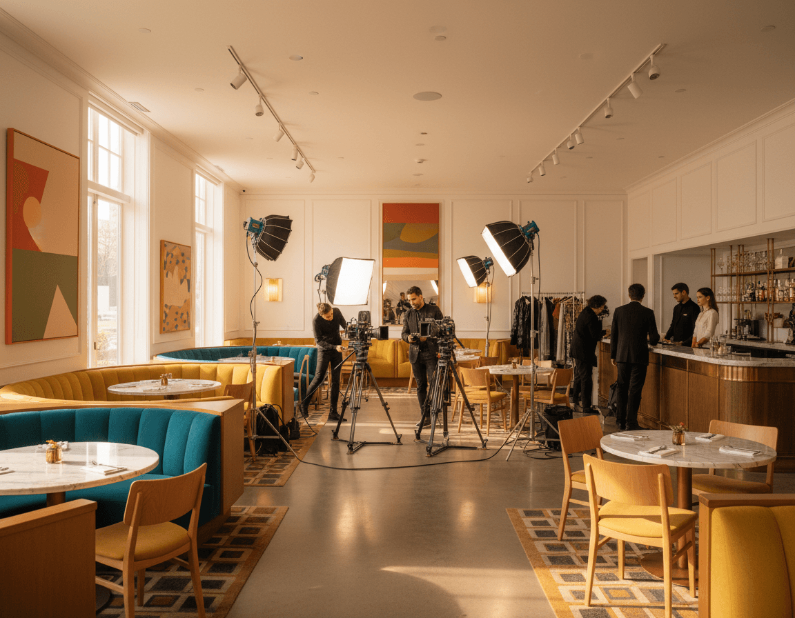A restaurant location being prepared for a photo and video shoot