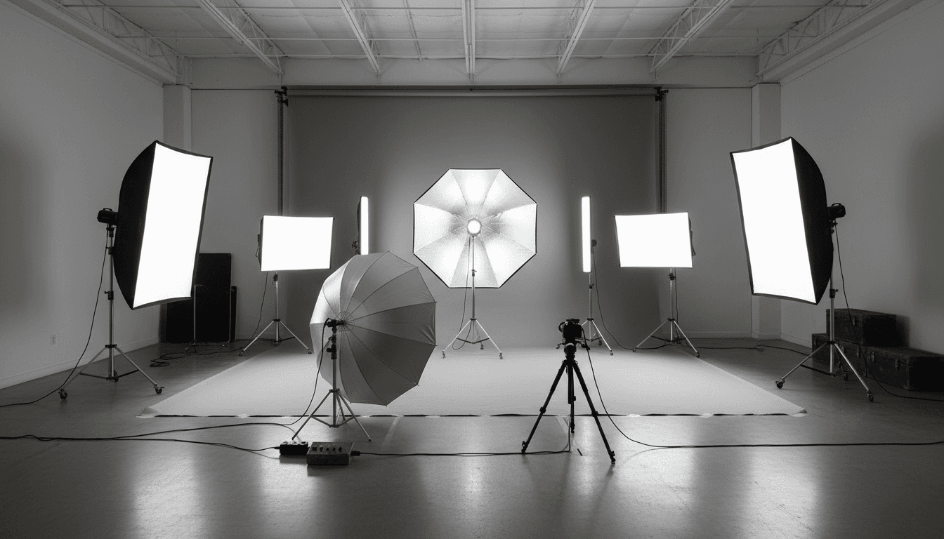 A photography studio with cyclorama walls and production lighting
